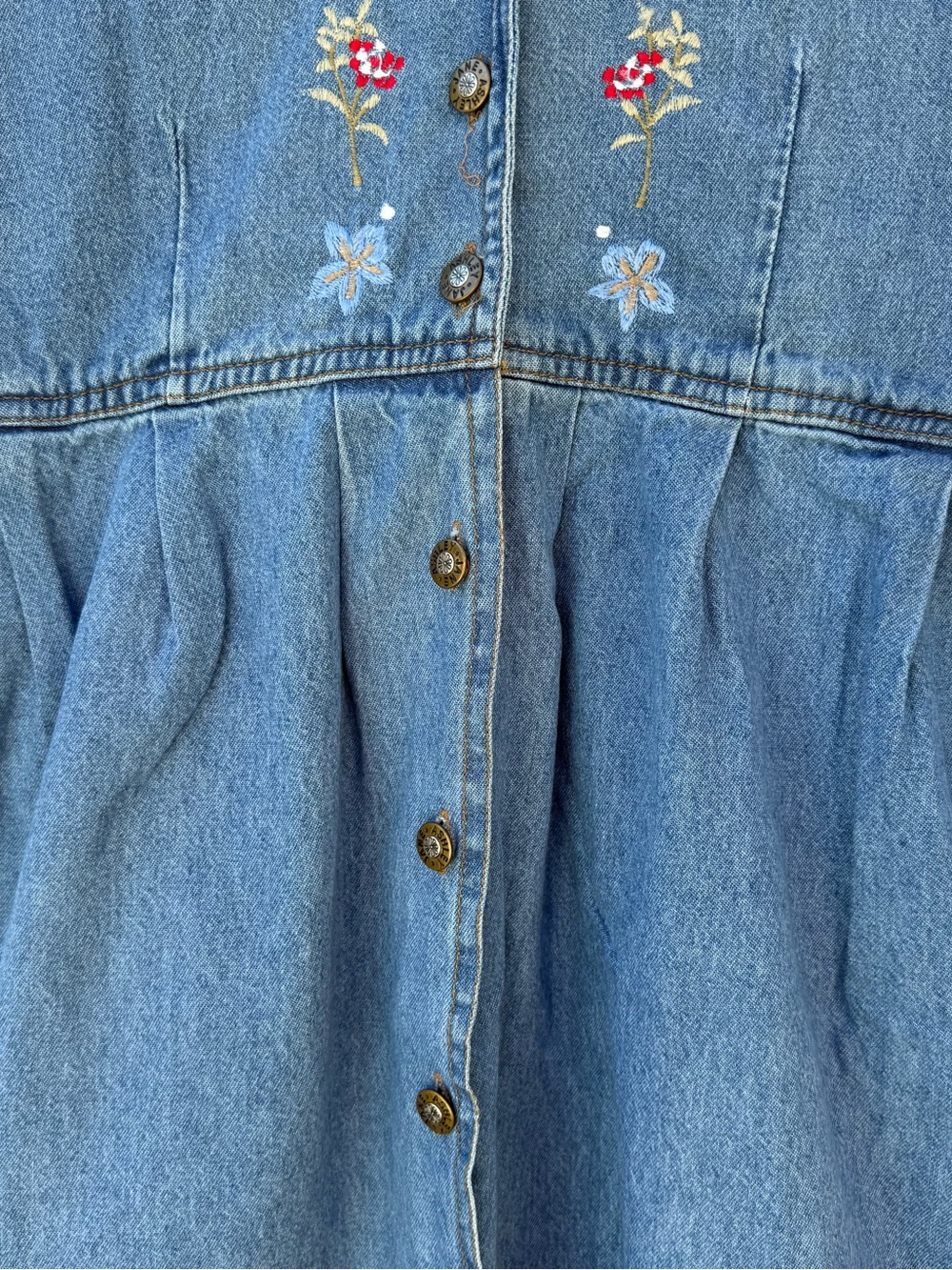 Vintage Jane Ashley Denim Jumper Dress L Floral Embroidered Button Front Flawed - Picture 4 of 12
